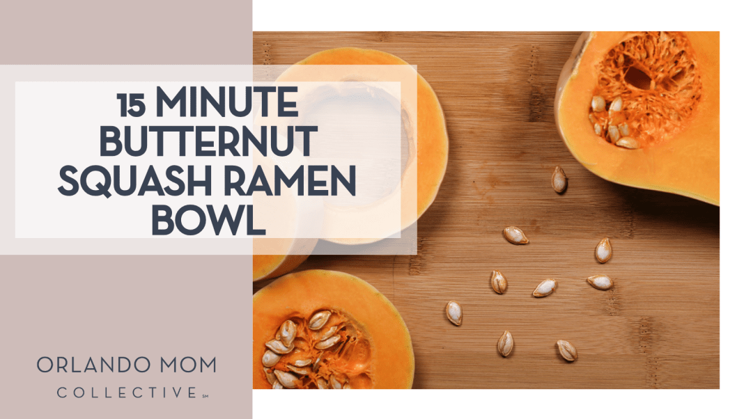 15 Minute Butternut Squash Ramen Bowl Nick Collins via Unsplash image of cut up butternut squash with seeds on a wooden cutting board with '15 Minute Butternut Squash Ramen Bowl on the left