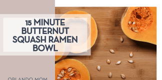 15 Minute Butternut Squash Ramen Bowl Nick Collins via Unsplash image of cut up butternut squash with seeds on a wooden cutting board with '15 Minute Butternut Squash Ramen Bowl on the left