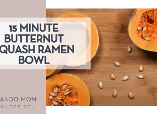 Nick Collins via Unsplash image of cut up butternut squash with seeds on a wooden cutting board with '15 Minute Butternut Squash Ramen Bowl on the left
