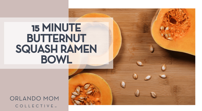 15 Minute Butternut Squash Ramen Bowl Nick Collins via Unsplash image of cut up butternut squash with seeds on a wooden cutting board with '15 Minute Butternut Squash Ramen Bowl on the left