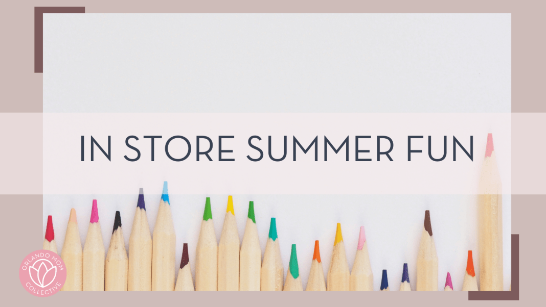 Jess Bailey photo via Unsplash of multi color pencils sharpened and at differing heights on white background with words 'in store summer fun' over top