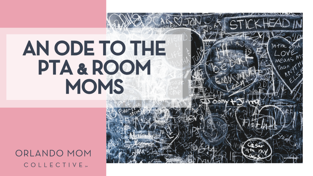 Dan Gold via Unsplash blackboard written all over with white chalk and words 'an ode to the pea & room moms' on the left