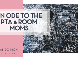 Dan Gold via Unsplash blackboard written all over with white chalk and words 'an ode to the pea & room moms' on the left