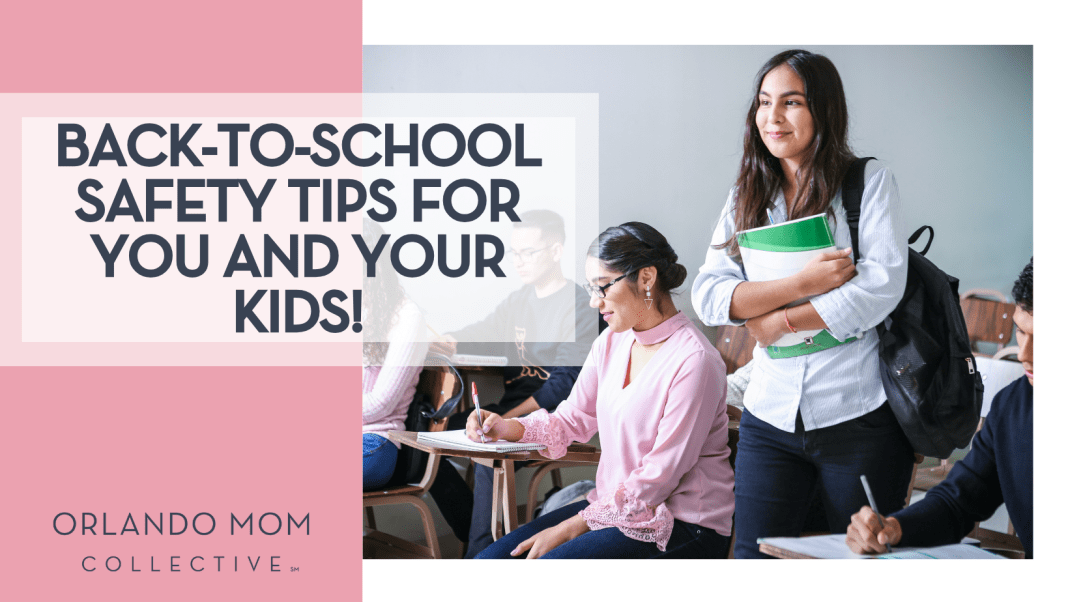 Back-to-School Safety Tips for You and Your Kids! Javier Trueba via Unsplash woman holding folders with other people at desks around her with words 'Back-to-School Safety Tips for You and Your Kids!' on the left