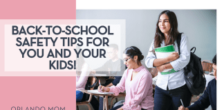 Javier Trueba via Unsplash woman holding folders with other people at desks around her with words 'Back-to-School Safety Tips for You and Your Kids!' on the left