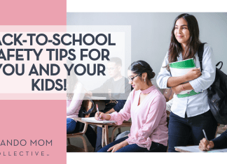 Javier Trueba via Unsplash woman holding folders with other people at desks around her with words 'Back-to-School Safety Tips for You and Your Kids!' on the left