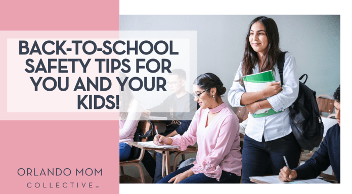 Back-to-School Safety Tips for You and Your Kids! Javier Trueba via Unsplash woman holding folders with other people at desks around her with words 'Back-to-School Safety Tips for You and Your Kids!' on the left