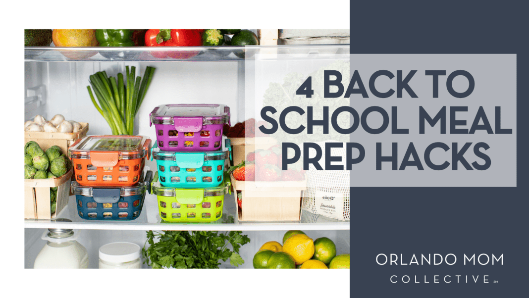 Ello via Unsplash ope fridge with organized food with words '4 Back to School Meal Prep Hacks' on the right side