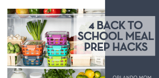 Ello via Unsplash ope fridge with organized food with words '4 Back to School Meal Prep Hacks' on the right side
