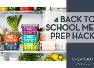 4 Back to School Meal Prep Hacks Ello via Unsplash ope fridge with organized food with words '4 Back to School Meal Prep Hacks' on the right side
