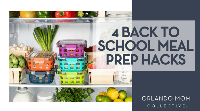 4 Back to School Meal Prep Hacks Ello via Unsplash ope fridge with organized food with words '4 Back to School Meal Prep Hacks' on the right side