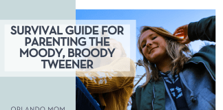 Adam Mccoid via unsplash two tween girls looking down at the camera with blue sky behind them and words 'Survival Guide for Parenting the Moody, Broody Tweener' on the left