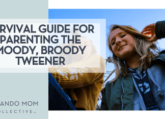 Survival Guide for Parenting the Moody, Broody Tweener Adam Mccoid via unsplash two tween girls looking down at the camera with blue sky behind them and words 'Survival Guide for Parenting the Moody, Broody Tweener' on the left