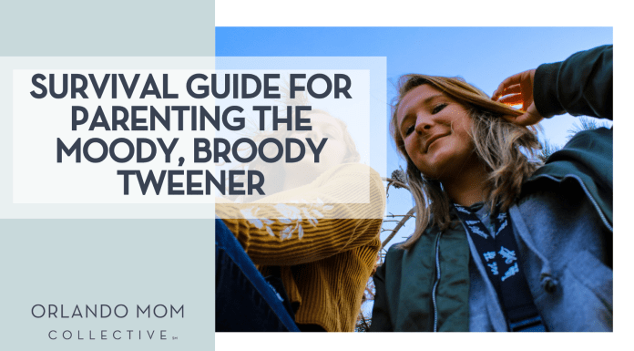 Survival Guide for Parenting the Moody, Broody Tweener Adam Mccoid via unsplash two tween girls looking down at the camera with blue sky behind them and words 'Survival Guide for Parenting the Moody, Broody Tweener' on the left