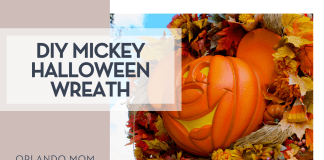 Brian McGowan via Unsplash Magic Kingdom mickey pumpkin wreath with words 'DIY Mickey Halloween Wreath' on the left