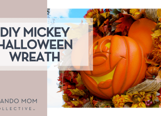 DIY Mickey Halloween Wreath Brian McGowan via Unsplash Magic Kingdom mickey pumpkin wreath with words 'DIY Mickey Halloween Wreath' on the left