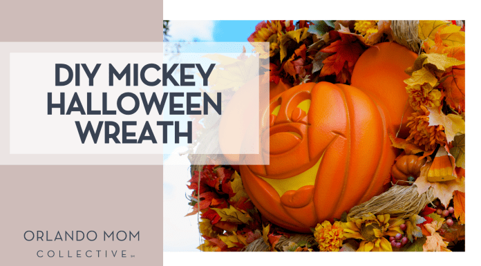 DIY Mickey Halloween Wreath Brian McGowan via Unsplash Magic Kingdom mickey pumpkin wreath with words 'DIY Mickey Halloween Wreath' on the left