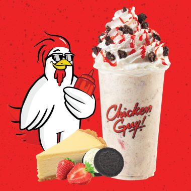 graphic chicken with a smirk and holding a ketchup bottle looking at a Chicken Guy milkshake and cheesecake and cookies and strawberry for valentine's day date guide