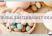 eugenivy now via unsplash photo of pastel color Easter eggs in wooden basket with 'frugal Easter Basket ideas' in text over top