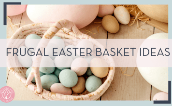 eugenivy now via unsplash photo of pastel color Easter eggs in wooden basket with 'frugal Easter Basket ideas' in text over top