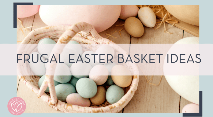 eugenivy now via unsplash photo of pastel color Easter eggs in wooden basket with 'frugal Easter Basket ideas' in text over top