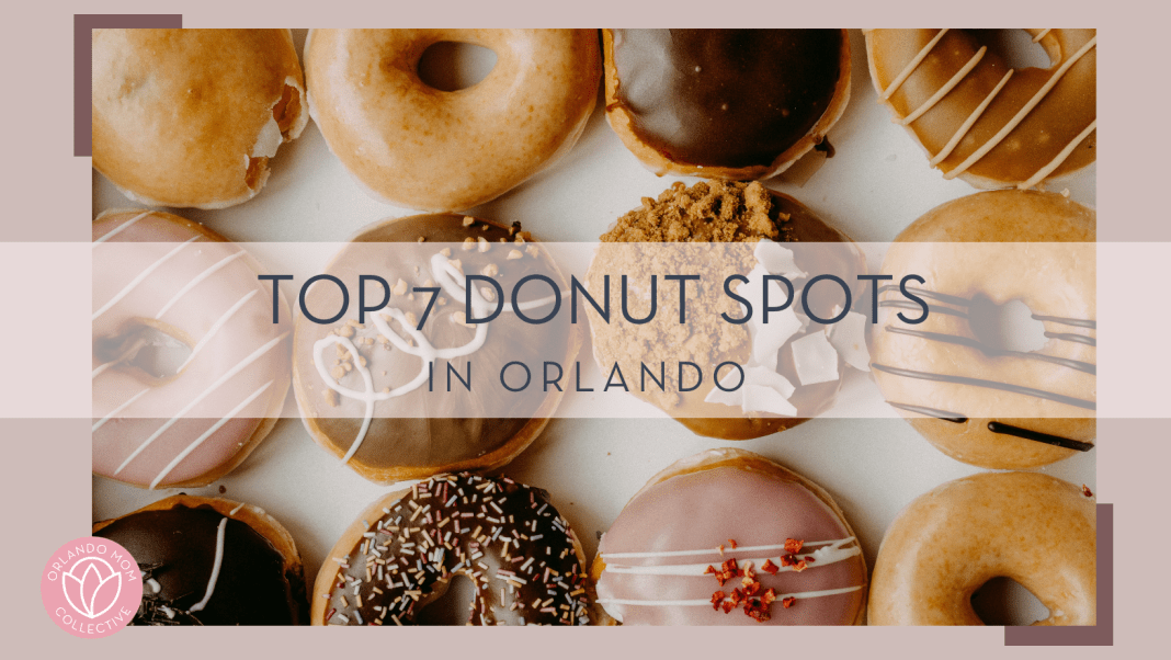 Annie Spratt via Unsplash photo of 12 donuts in a box taken from the top. Various kinds, glazed, chocolate, striped icing. Words 'top 7 donut spots in orlando' over top