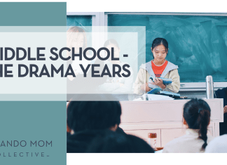 Middle School – The Drama Years Macy via Unsplash a girl at a deck with chalkboard behind her with words 'Middle School - The Drama Years' on the left