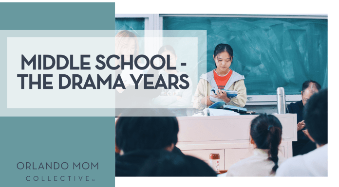 Middle School – The Drama Years Macy via Unsplash a girl at a deck with chalkboard behind her with words 'Middle School - The Drama Years' on the left