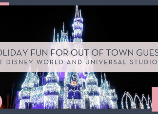 J B via Unsplash image of Cinderella Castle at night with black sky behind and lights on castle to look like icicles and text 'holiday fun for out of town guests at Disney World and Universal Studios' over top of the picture