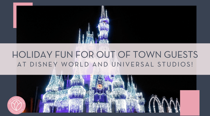 J B via Unsplash image of Cinderella Castle at night with black sky behind and lights on castle to look like icicles and text 'holiday fun for out of town guests at Disney World and Universal Studios' over top of the picture