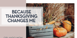 Because Thanksgiving Changes Me Dana Ward via unsplash wheat in a wood basket with pumpkins next to it with 'Because Thanksgiving Changes Me' on the left