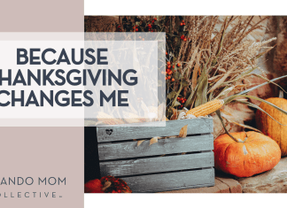 Dana Ward via unsplash wheat in a wood basket with pumpkins next to it with 'Because Thanksgiving Changes Me' on the left