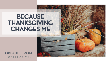 Dana Ward via unsplash wheat in a wood basket with pumpkins next to it with 'Because Thanksgiving Changes Me' on the left