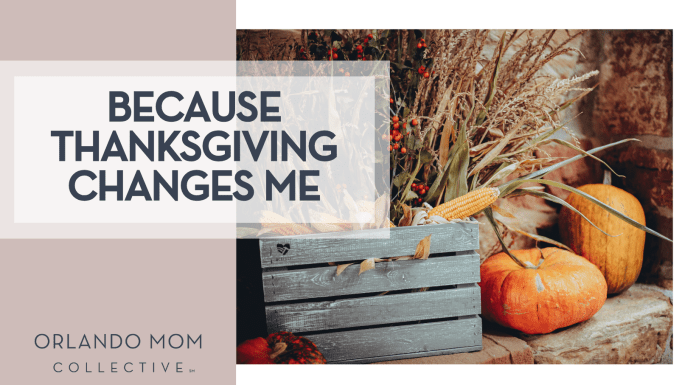 Dana Ward via unsplash wheat in a wood basket with pumpkins next to it with 'Because Thanksgiving Changes Me' on the left