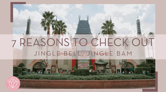 Kaleb Tapp via Unsplash photo of the building of Mickey and Minnie's Runaway Railway with palm trees and words '7 reasons to check out Jingle Bell, Jingle Bam' over image