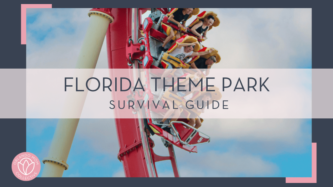 itai aarons via unsplash photo of people on a red rollercoaster with hands up and yelling with text 'florida theme park survival guide' over top of the image