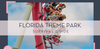 Florida Theme Park Survival Guide itai aarons via unsplash photo of people on a red rollercoaster with hands up and yelling with text 'florida theme park survival guide' over top of the image