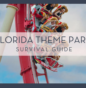 itai aarons via unsplash photo of people on a red rollercoaster with hands up and yelling with text 'florida theme park survival guide' over top of the image