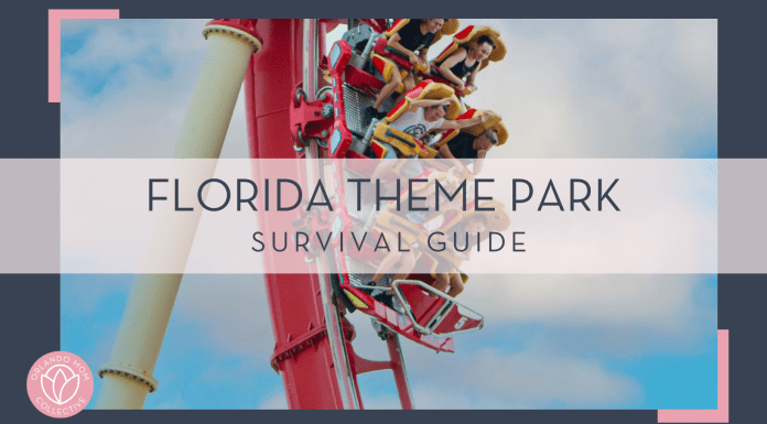 itai aarons via unsplash photo of people on a red rollercoaster with hands up and yelling with text 'florida theme park survival guide' over top of the image