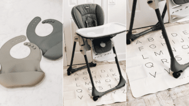 close up of grey bucket bibs chicco highchair and gathre alphabet mat