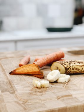 close up of chopped bananas sweet potato and carrots