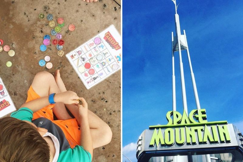 kid sitting on the ground playing a bingo game and entrance to space mountain