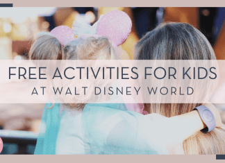 Amy humphries via unsplash photo of a mom and daughter looking away from camera, girl with Minnie ears on her head and words ' free activities at Walt disney world' over top