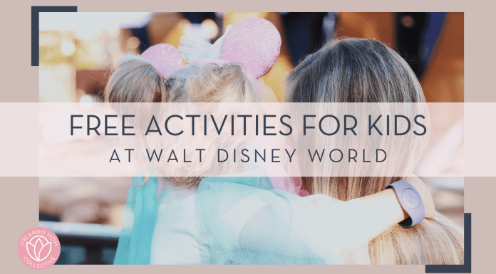 Amy humphries via unsplash photo of a mom and daughter looking away from camera, girl with Minnie ears on her head and words ' free activities at Walt disney world' over top