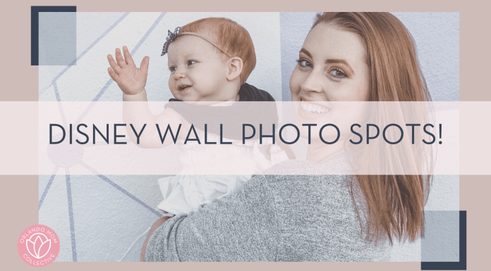 Picture from Amanda Batts of a mom and daughter in front of the purple wall in Magic Kingdom with text 'disney wall photo spots!' in front of image