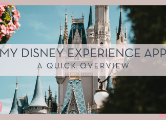 top of cinderella castle behind flowers and tree with 'my disney experience app a quick overview' in text over top