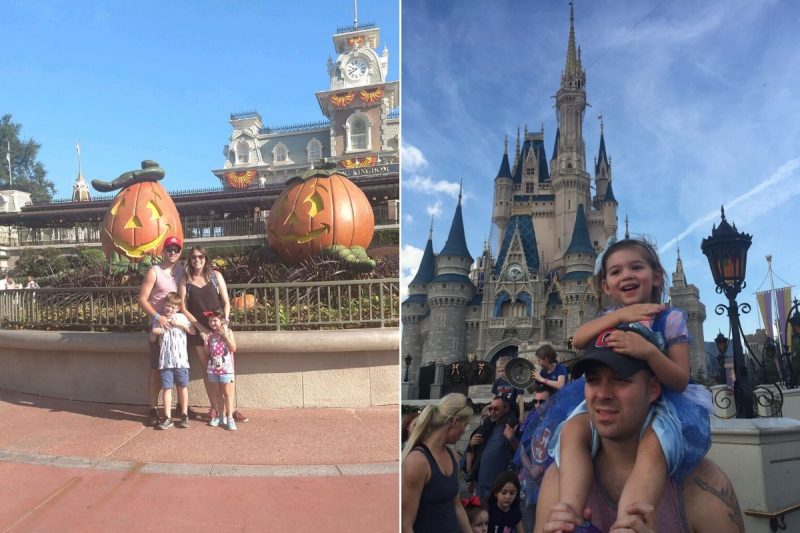 family of four in front of the main gates with pumpkins and second picture of a girl on dad's shoulders with cinderella castle behind them