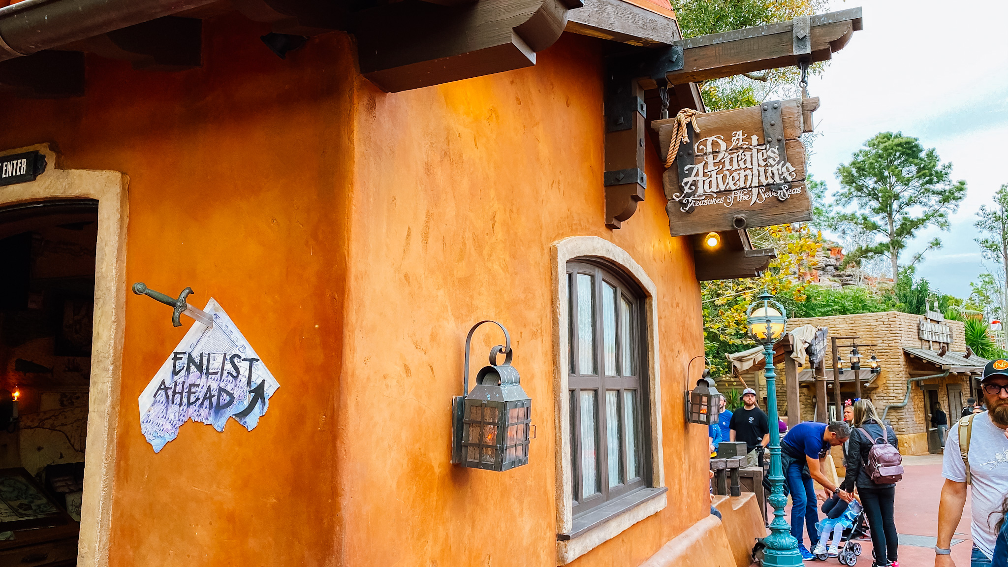 A Pirate’s Adventure – Treasures of the Seven Seas sign on orange building