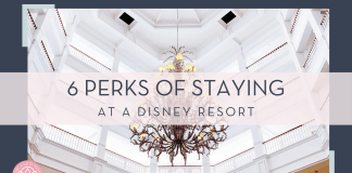 Dennis Cortes via unsplash photo of a big chandelier and ceiling of the Grand Floridian Resort with text '6 perks of staying at a Disney Resort' in front of picture