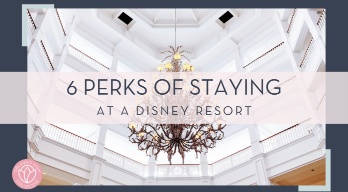 Dennis Cortes via unsplash photo of a big chandelier and ceiling of the Grand Floridian Resort with text '6 perks of staying at a Disney Resort' in front of picture